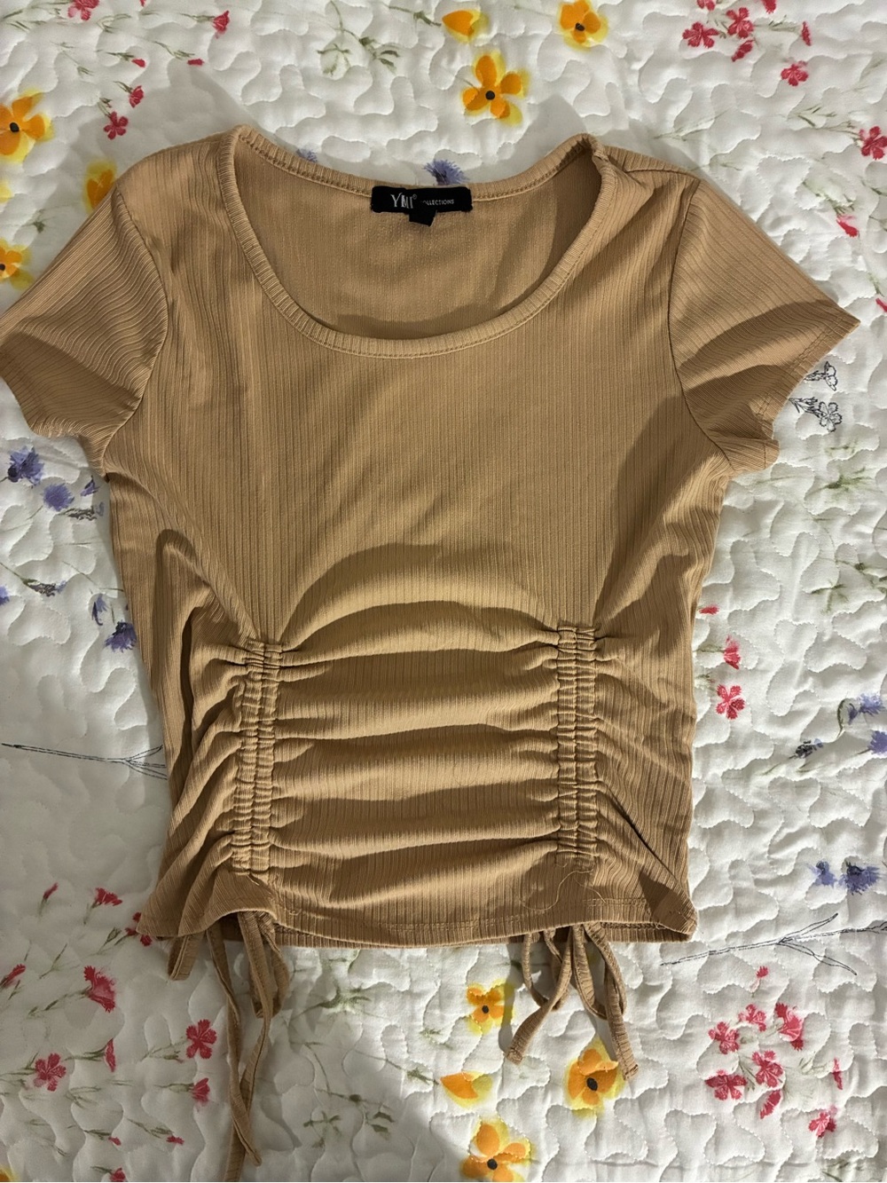 YMI Ruched Drawstring Short Sleeve Crop Top in Tan